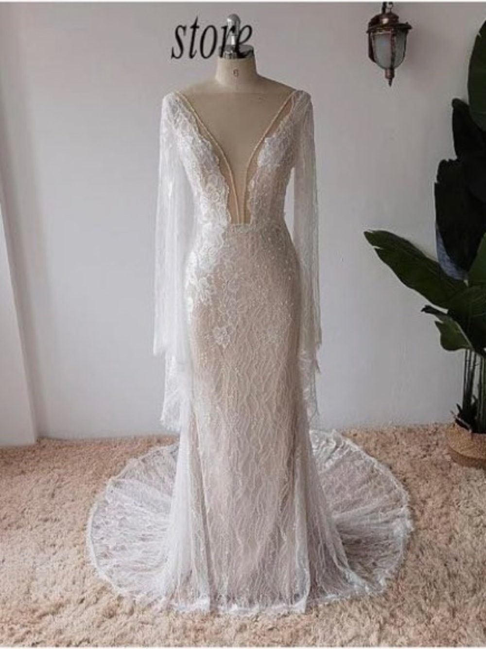 NWT| Lace Mermaid Wedding Dress with Deep V and Flare Sleeves